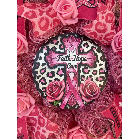 Handmade Breast Cancer Awareness Wreath - Faith Hope Cure - Pink Ribbon Decor - Picture 2 of 10